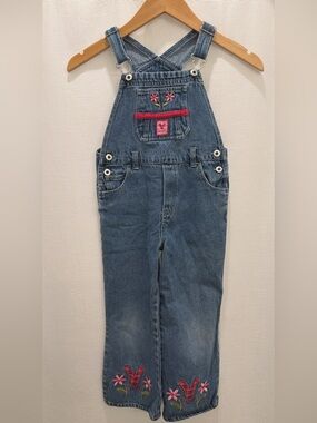 3/$15 Girls Denim Overalls with Pink Floral Embroidery